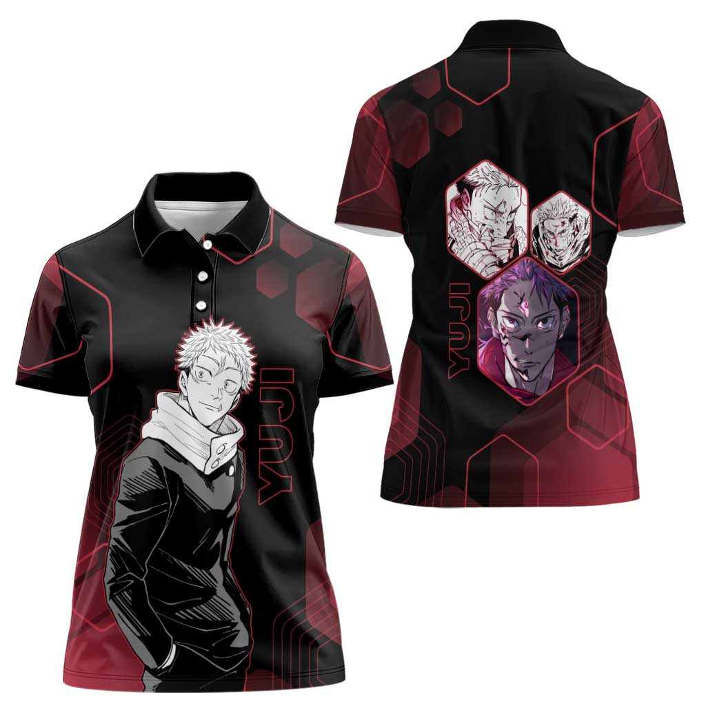 Yuji Itadori Jujutsu Kaisen Red Hexagon Design Women Polo Shirt with Sukuna Transformation and Manga Style Art - The Mazicc
