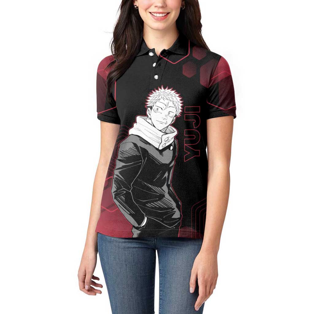 Yuji Itadori Jujutsu Kaisen Red Hexagon Design Women Polo Shirt with Sukuna Transformation and Manga Style Art - The Mazicc