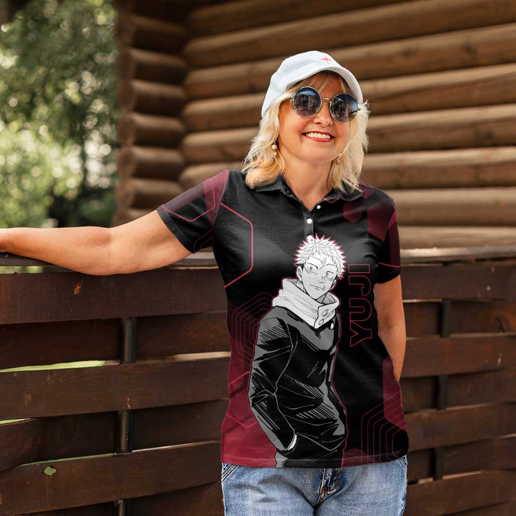 Yuji Itadori Jujutsu Kaisen Red Hexagon Design Women Polo Shirt with Sukuna Transformation and Manga Style Art - The Mazicc