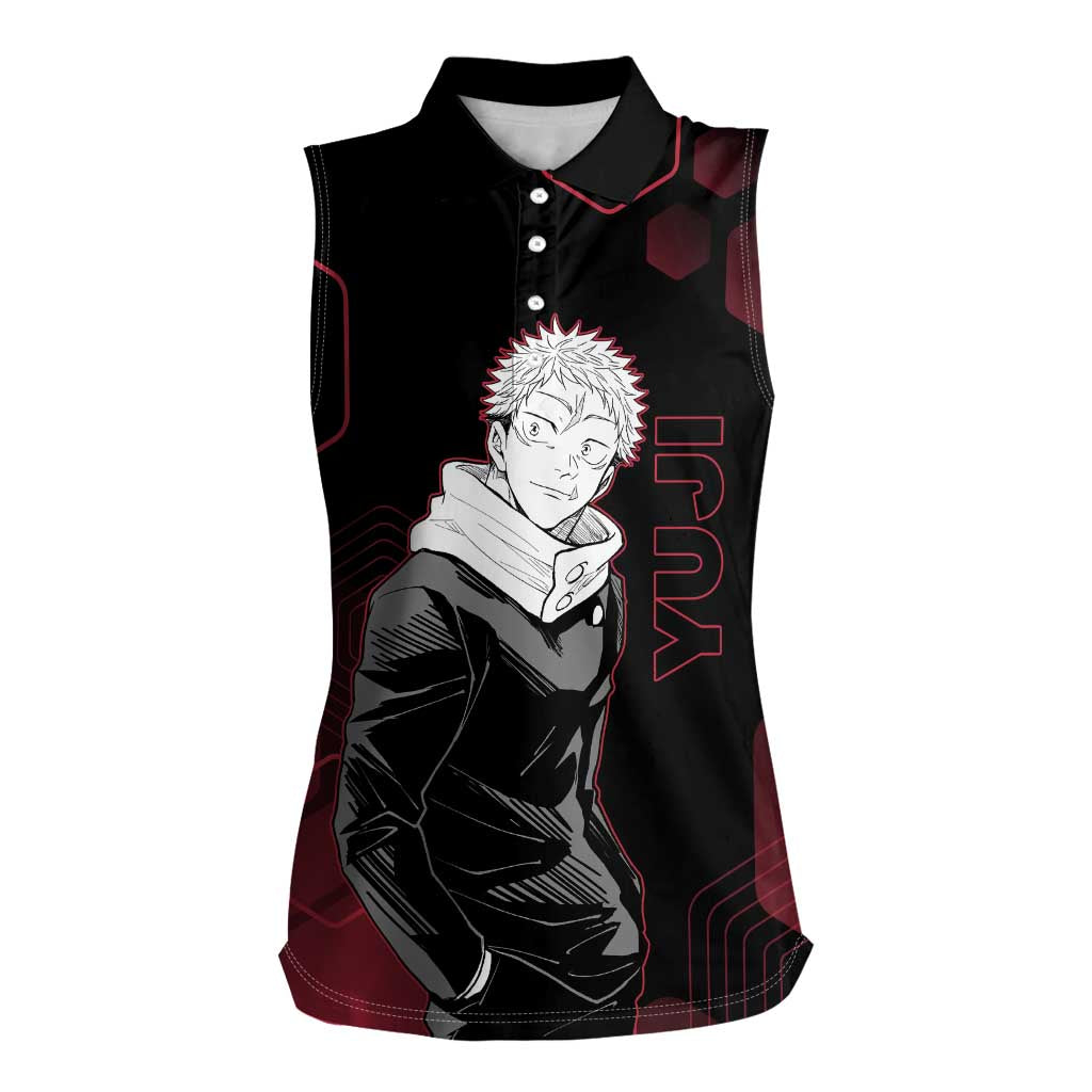 Yuji Itadori Jujutsu Kaisen Red Hexagon Design Women Sleeveless Polo Shirt with Sukuna Transformation and Manga Style Art - The Mazicc