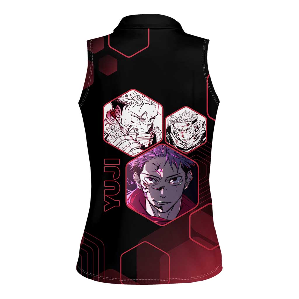 Yuji Itadori Jujutsu Kaisen Red Hexagon Design Women Sleeveless Polo Shirt with Sukuna Transformation and Manga Style Art - The Mazicc