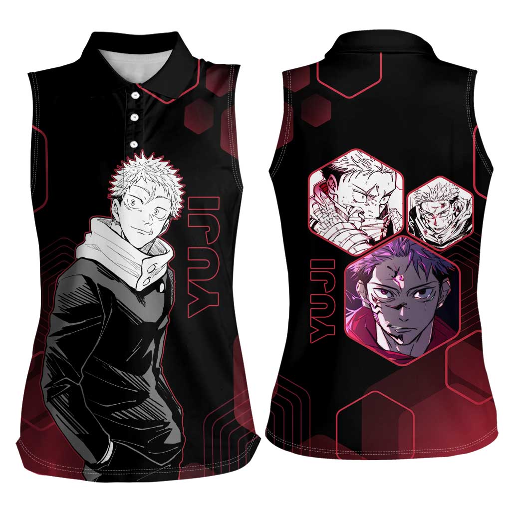 Yuji Itadori Jujutsu Kaisen Red Hexagon Design Women Sleeveless Polo Shirt with Sukuna Transformation and Manga Style Art - The Mazicc