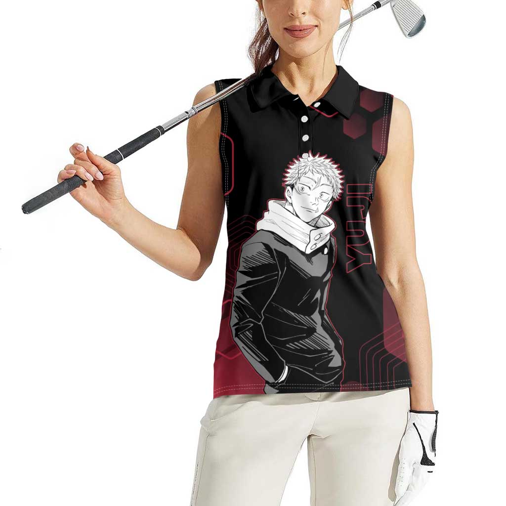 Yuji Itadori Jujutsu Kaisen Red Hexagon Design Women Sleeveless Polo Shirt with Sukuna Transformation and Manga Style Art - The Mazicc
