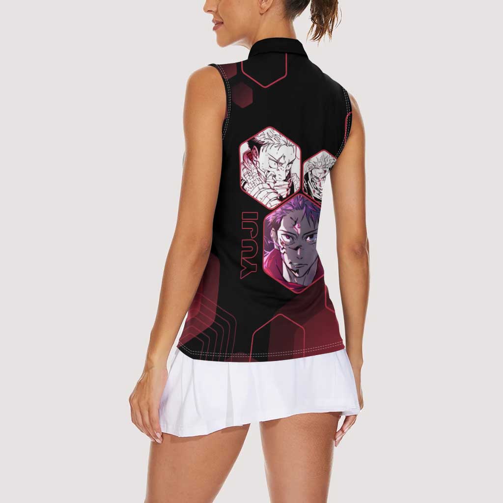 Yuji Itadori Jujutsu Kaisen Red Hexagon Design Women Sleeveless Polo Shirt with Sukuna Transformation and Manga Style Art - The Mazicc