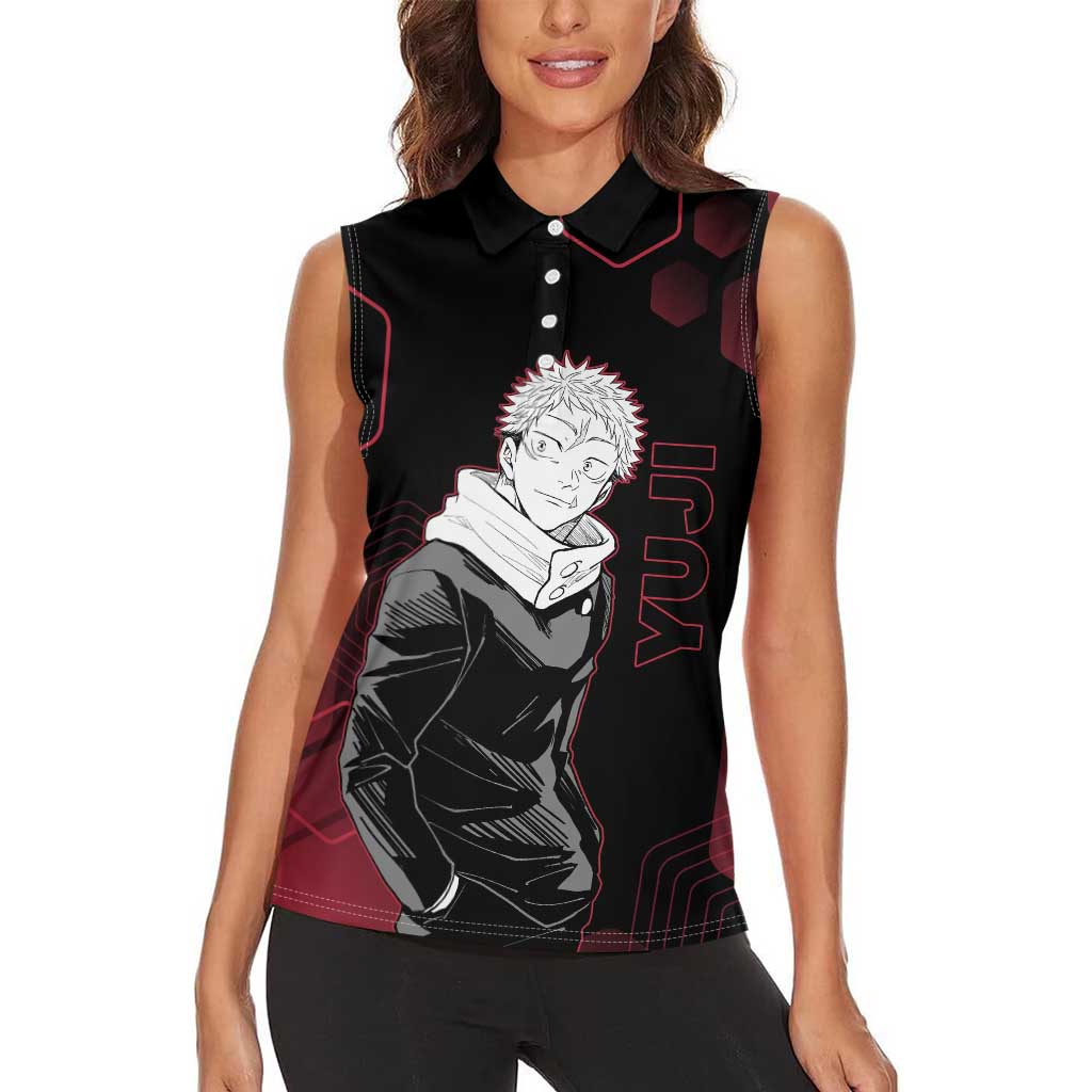 Yuji Itadori Jujutsu Kaisen Red Hexagon Design Women Sleeveless Polo Shirt with Sukuna Transformation and Manga Style Art - The Mazicc