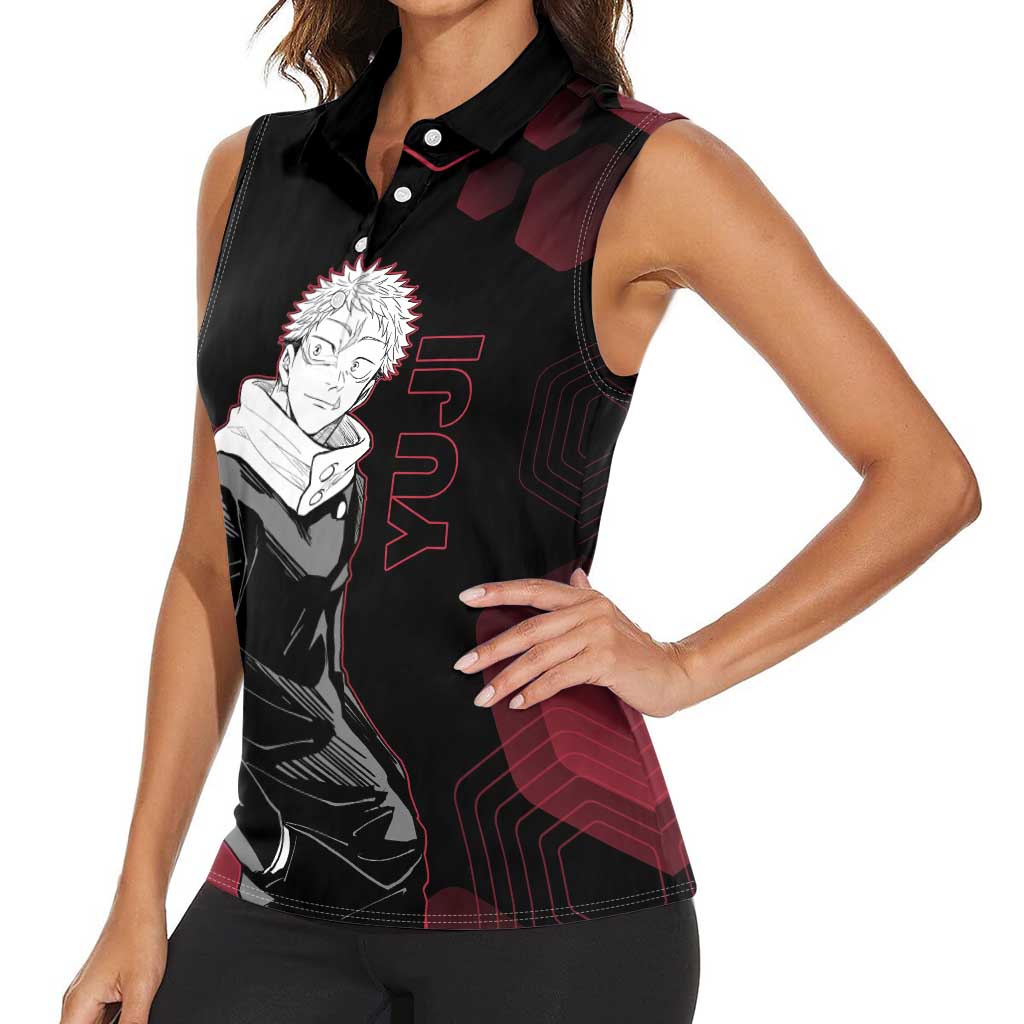 Yuji Itadori Jujutsu Kaisen Red Hexagon Design Women Sleeveless Polo Shirt with Sukuna Transformation and Manga Style Art - The Mazicc