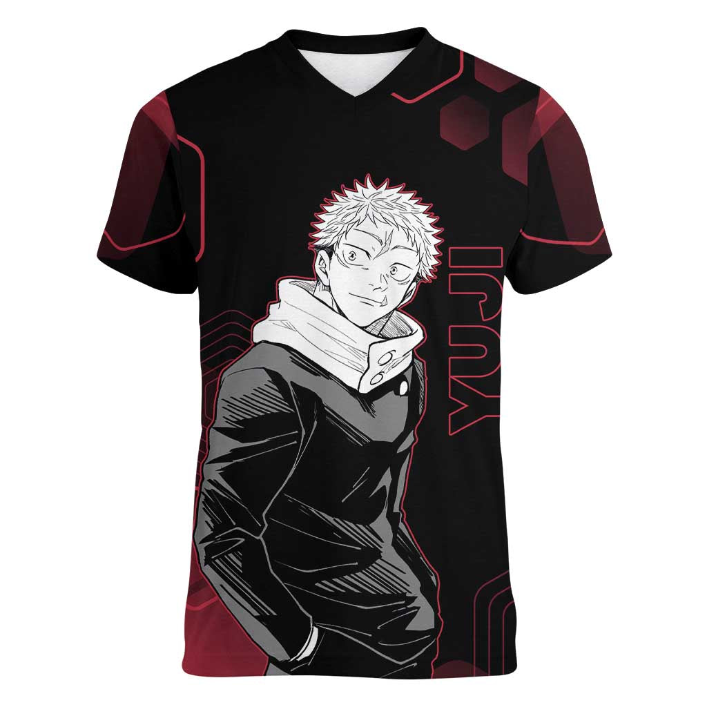 Yuji Itadori Jujutsu Kaisen Red Hexagon Design Women V-Neck T-Shirt with Sukuna Transformation and Manga Style Art - The Mazicc