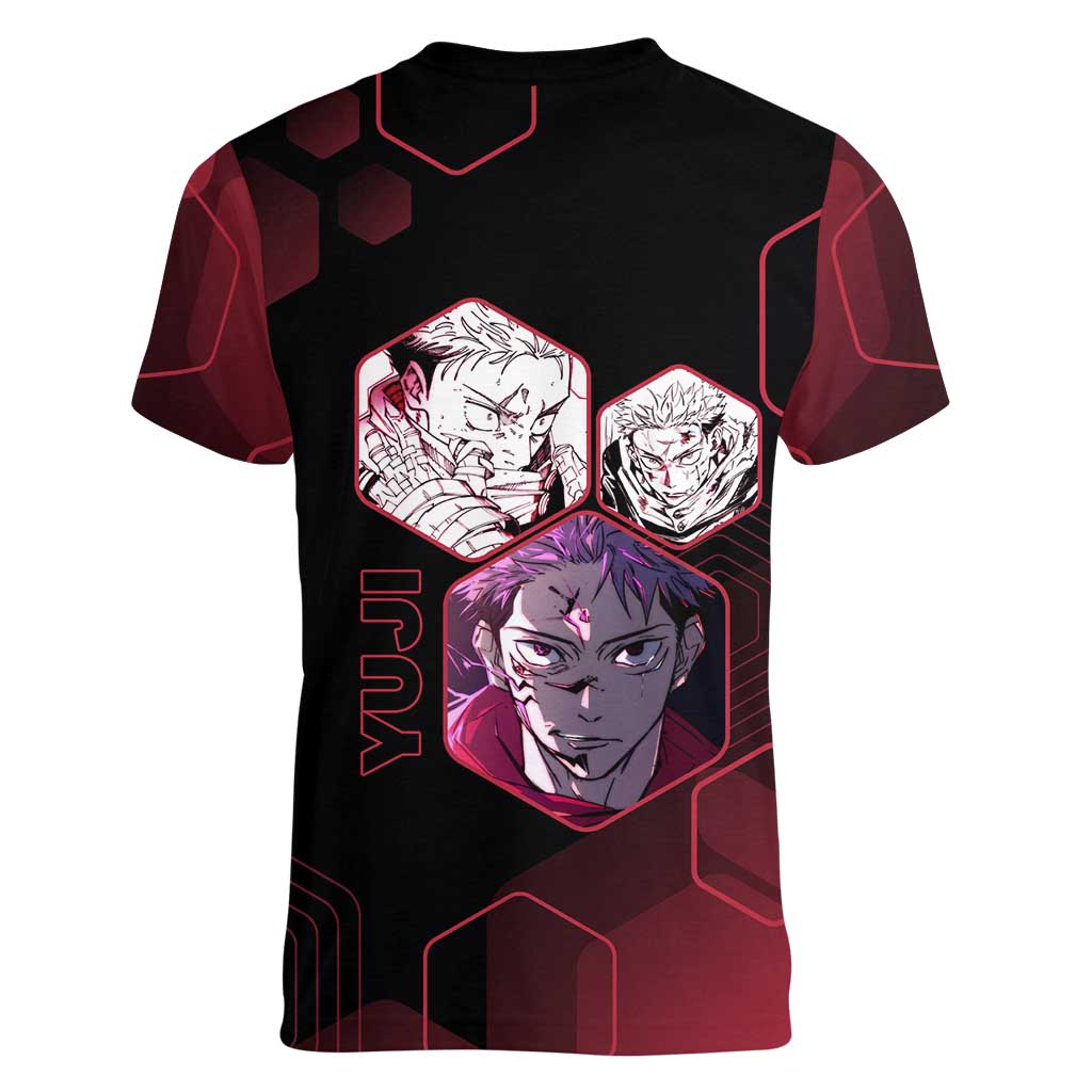 Yuji Itadori Jujutsu Kaisen Red Hexagon Design Women V-Neck T-Shirt with Sukuna Transformation and Manga Style Art - The Mazicc