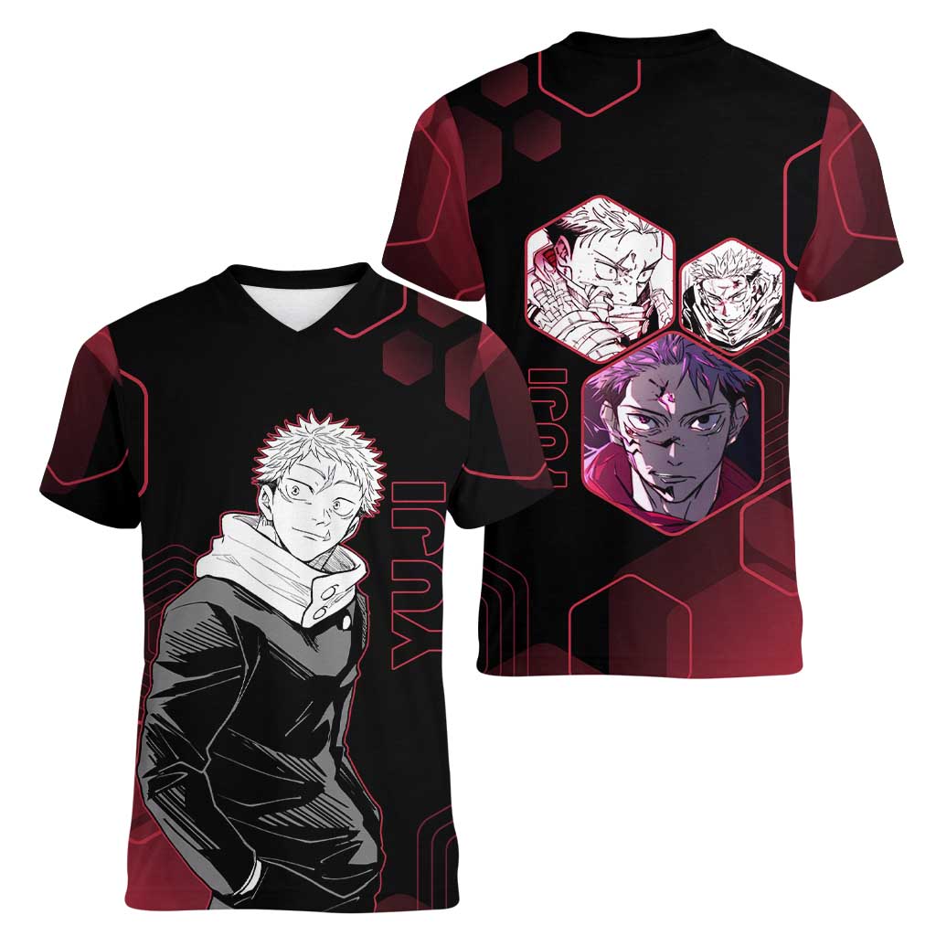 Yuji Itadori Jujutsu Kaisen Red Hexagon Design Women V-Neck T-Shirt with Sukuna Transformation and Manga Style Art - The Mazicc