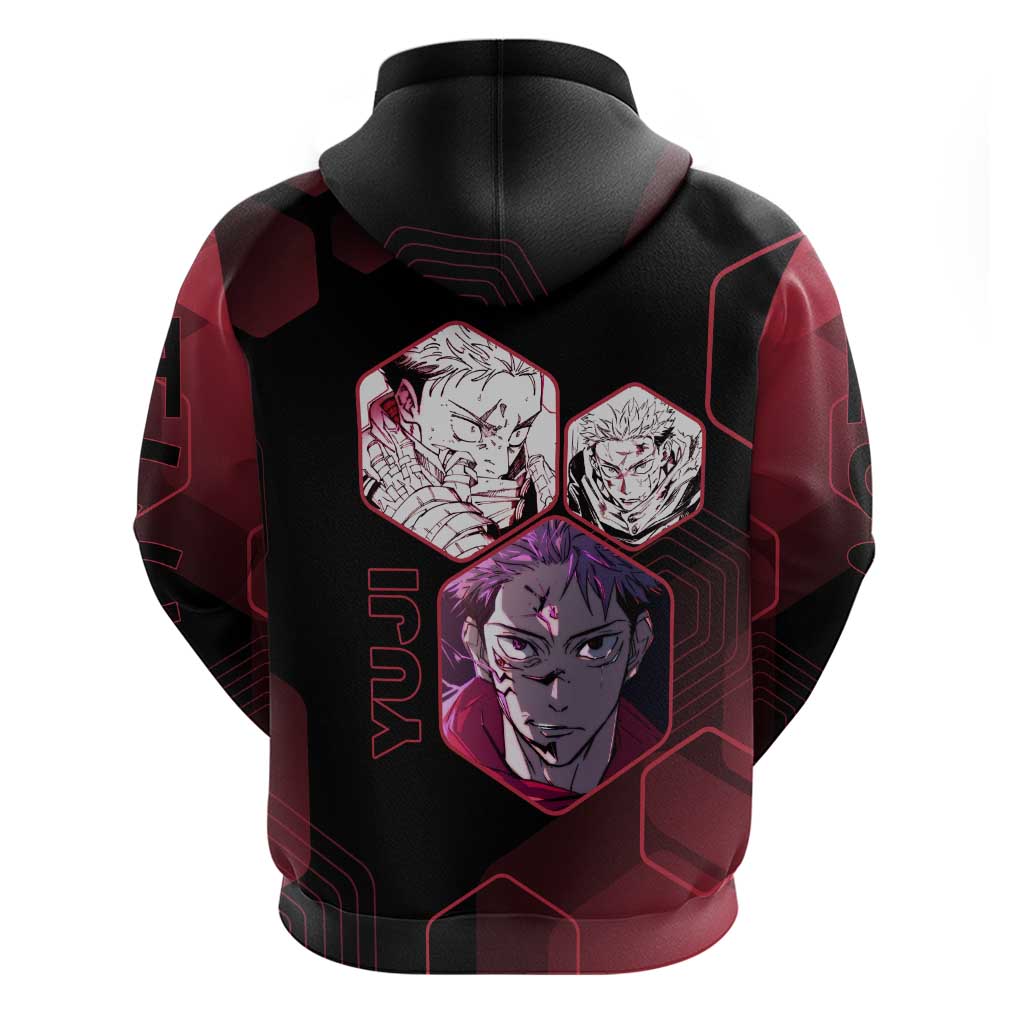 Yuji Itadori Jujutsu Kaisen Red Hexagon Design Zip Hoodie with Sukuna Transformation and Manga Style Art - The Mazicc