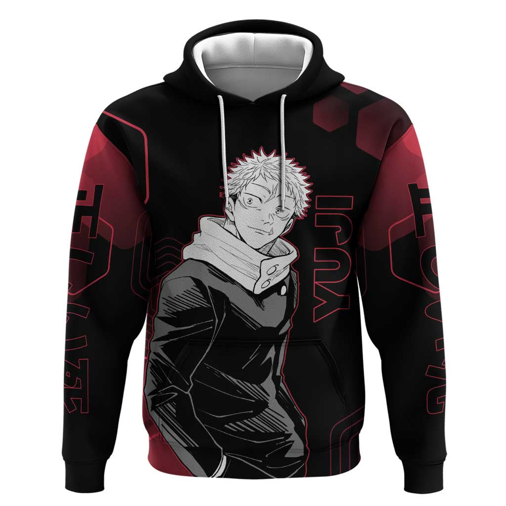 Yuji Itadori Jujutsu Kaisen Red Hexagon Design Zip Hoodie with Sukuna Transformation and Manga Style Art - The Mazicc