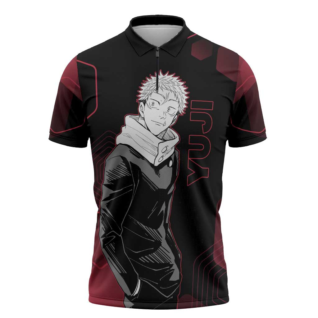 Yuji Itadori Jujutsu Kaisen Red Hexagon Design Zipper Polo Shirt with Sukuna Transformation and Manga Style Art - The Mazicc