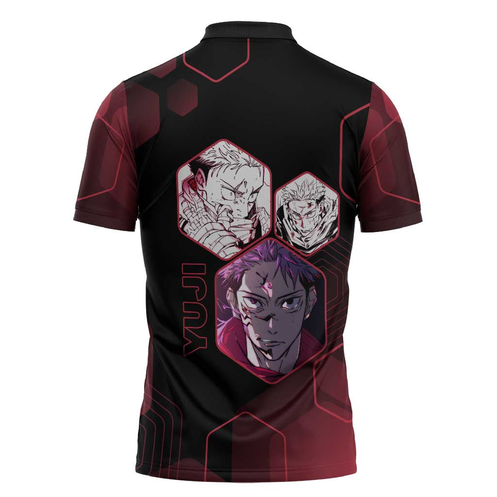 Yuji Itadori Jujutsu Kaisen Red Hexagon Design Zipper Polo Shirt with Sukuna Transformation and Manga Style Art - The Mazicc