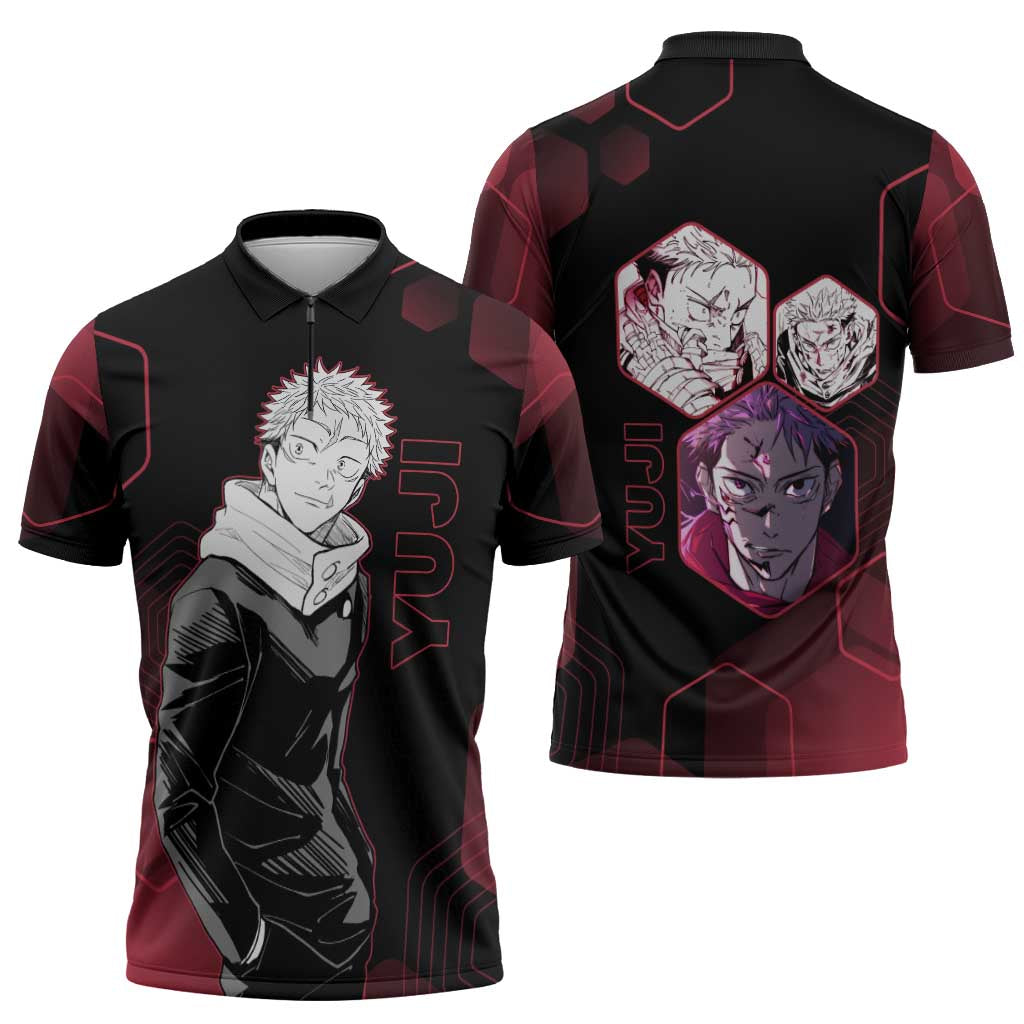 Yuji Itadori Jujutsu Kaisen Red Hexagon Design Zipper Polo Shirt with Sukuna Transformation and Manga Style Art - The Mazicc