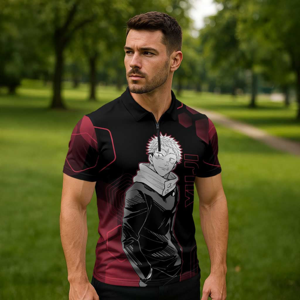 Yuji Itadori Jujutsu Kaisen Red Hexagon Design Zipper Polo Shirt with Sukuna Transformation and Manga Style Art - The Mazicc
