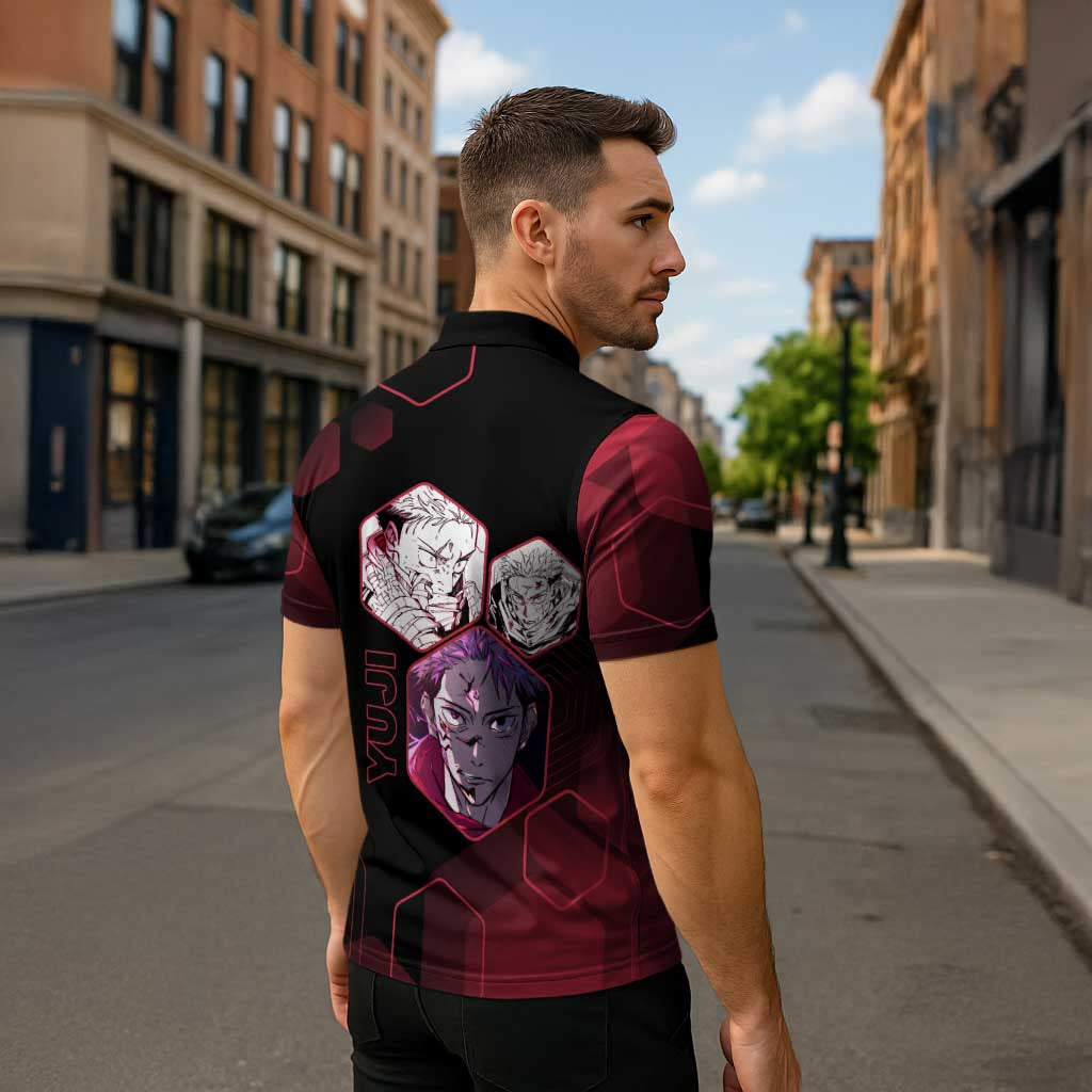 Yuji Itadori Jujutsu Kaisen Red Hexagon Design Zipper Polo Shirt with Sukuna Transformation and Manga Style Art - The Mazicc