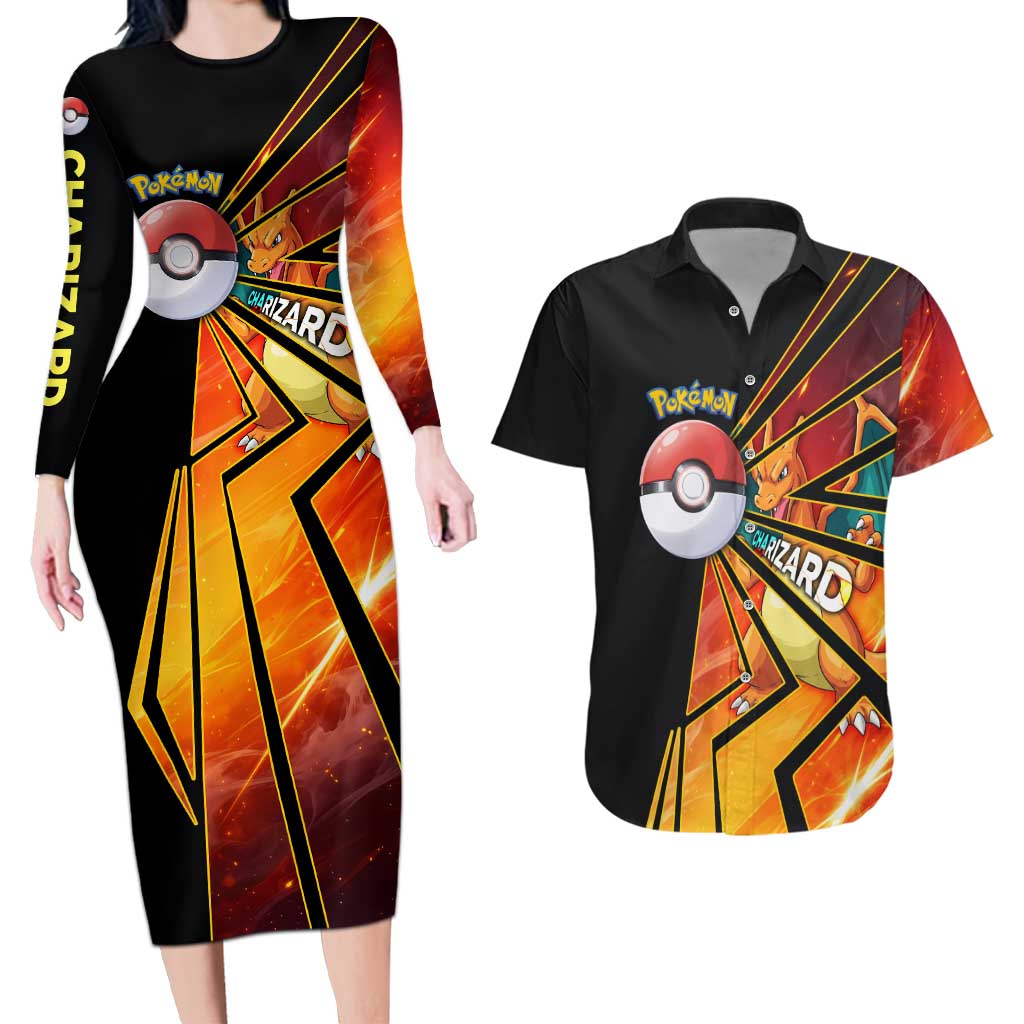 Charizard Poké Couples Matching Long Sleeve Bodycon Dress and Hawaiian Shirt Retro Comic Style Explosion