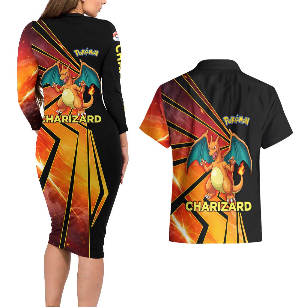Charizard Poké Couples Matching Long Sleeve Bodycon Dress and Hawaiian Shirt Retro Comic Style Explosion