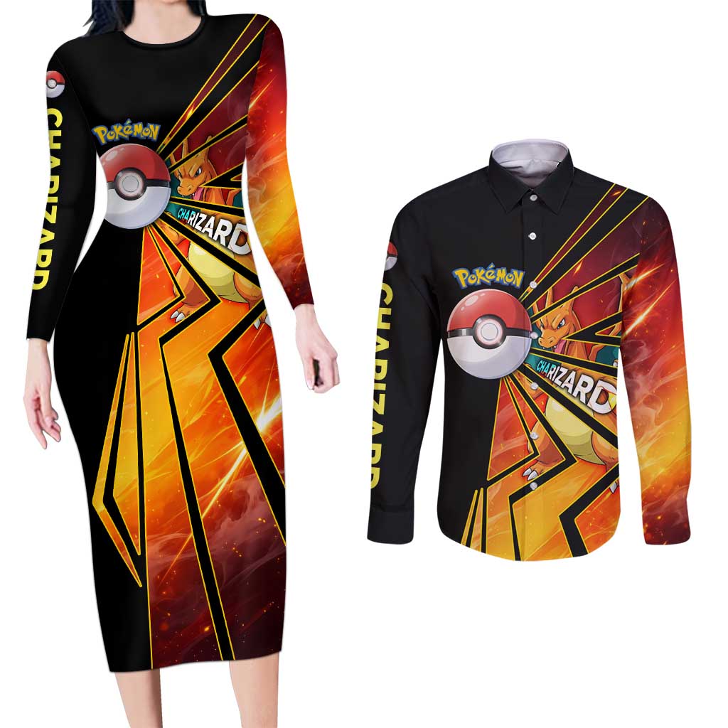 Charizard Poké Couples Matching Long Sleeve Bodycon Dress and Long Sleeve Button Shirt Retro Comic Style Explosion