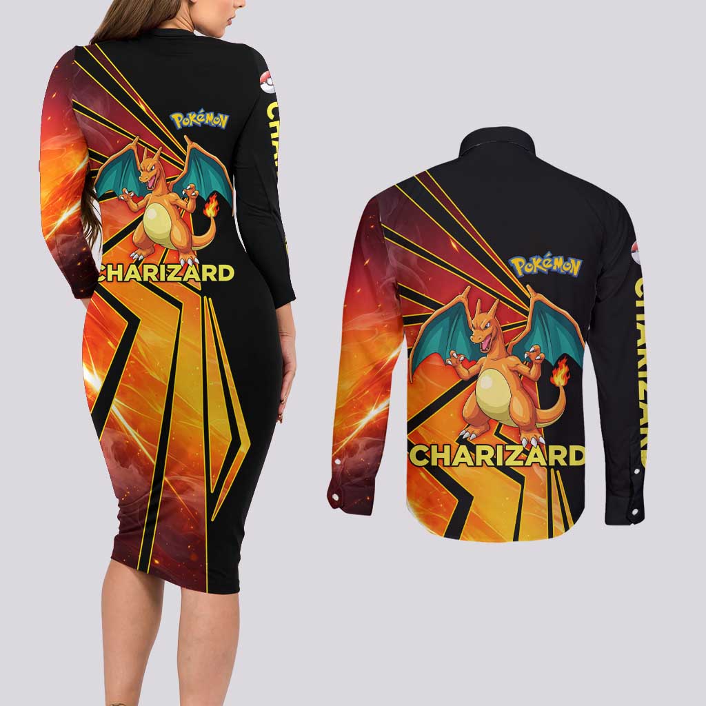 Charizard Poké Couples Matching Long Sleeve Bodycon Dress and Long Sleeve Button Shirt Retro Comic Style Explosion