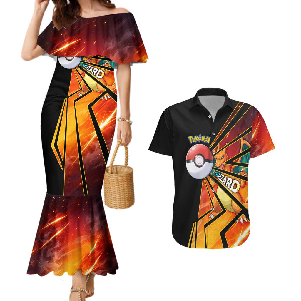 Charizard Poké Couples Matching Mermaid Dress and Hawaiian Shirt Retro Comic Style Explosion