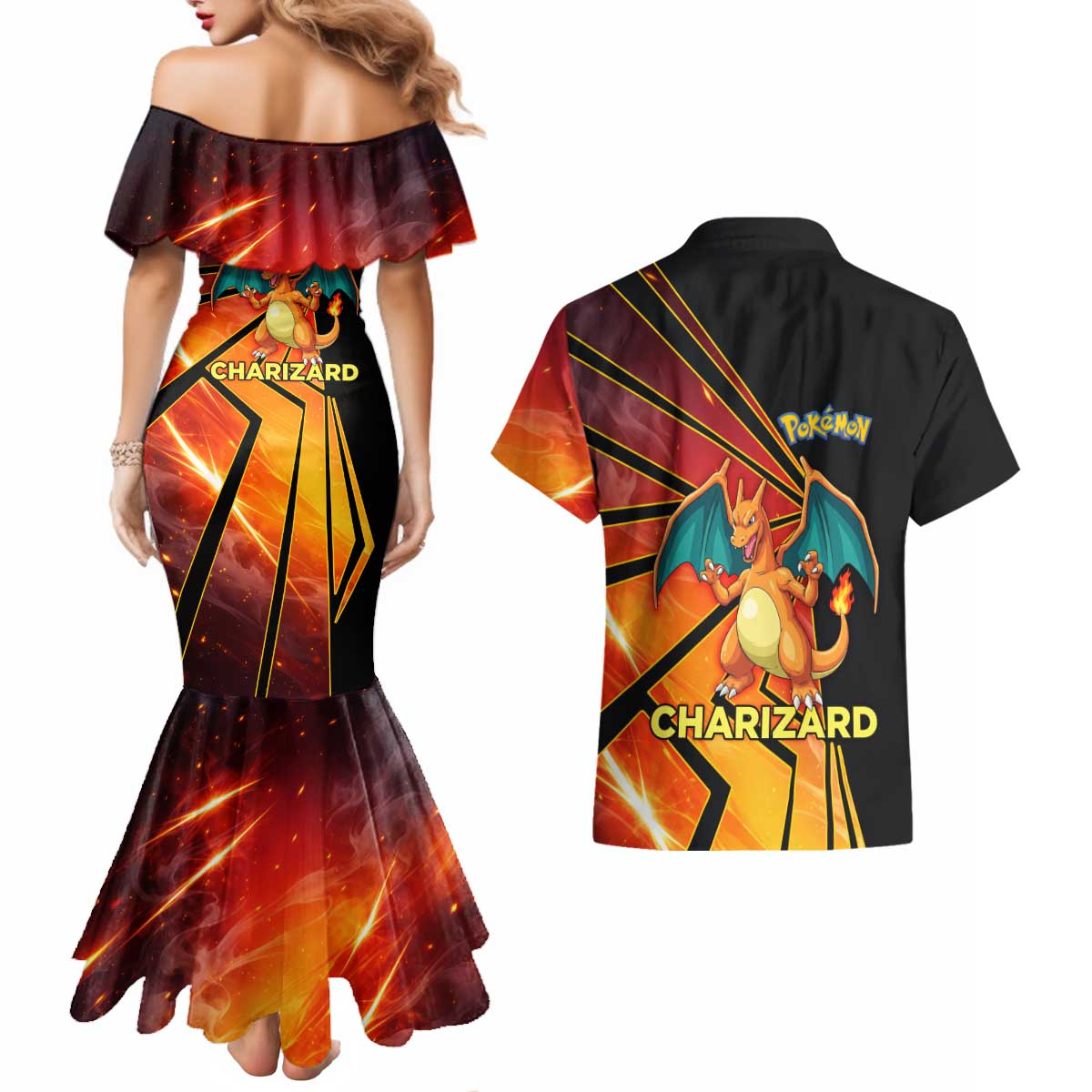 Charizard Poké Couples Matching Mermaid Dress and Hawaiian Shirt Retro Comic Style Explosion