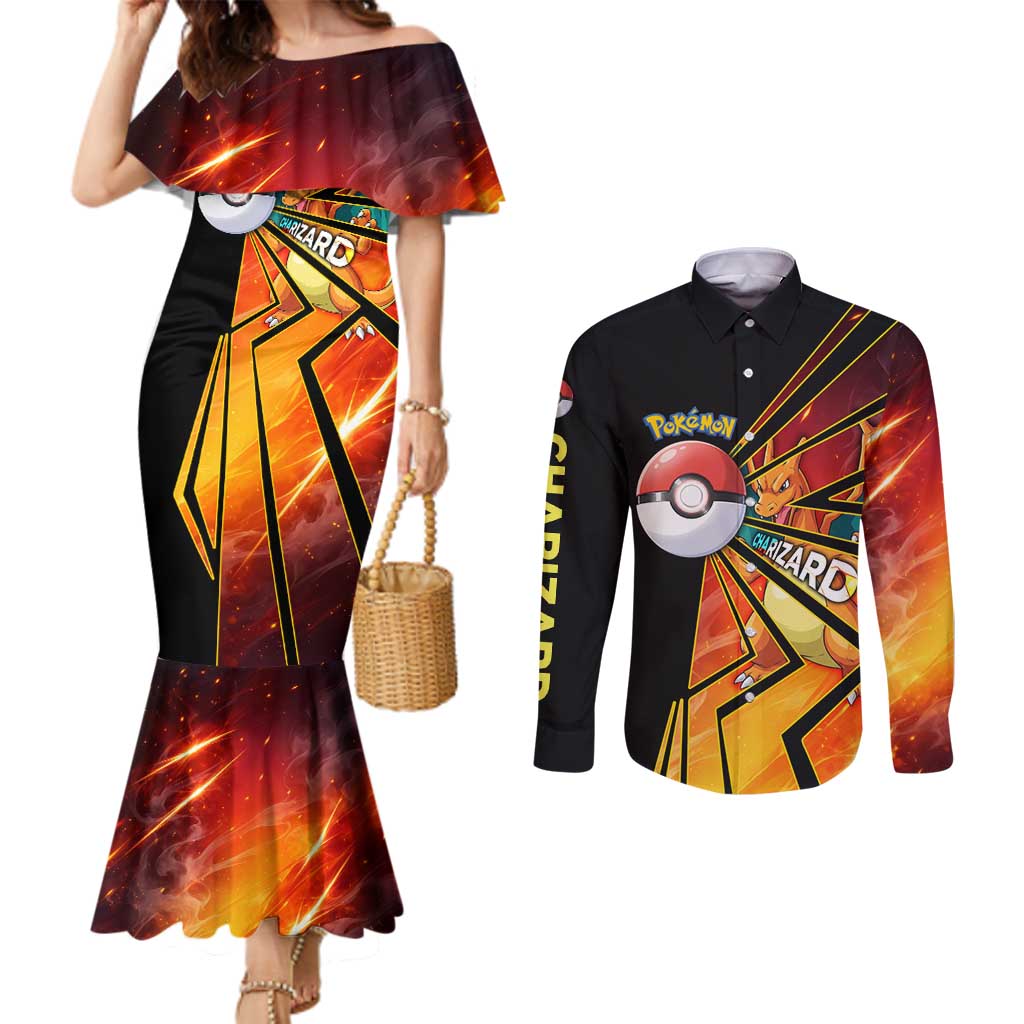 Charizard Poké Couples Matching Mermaid Dress and Long Sleeve Button Shirt Retro Comic Style Explosion