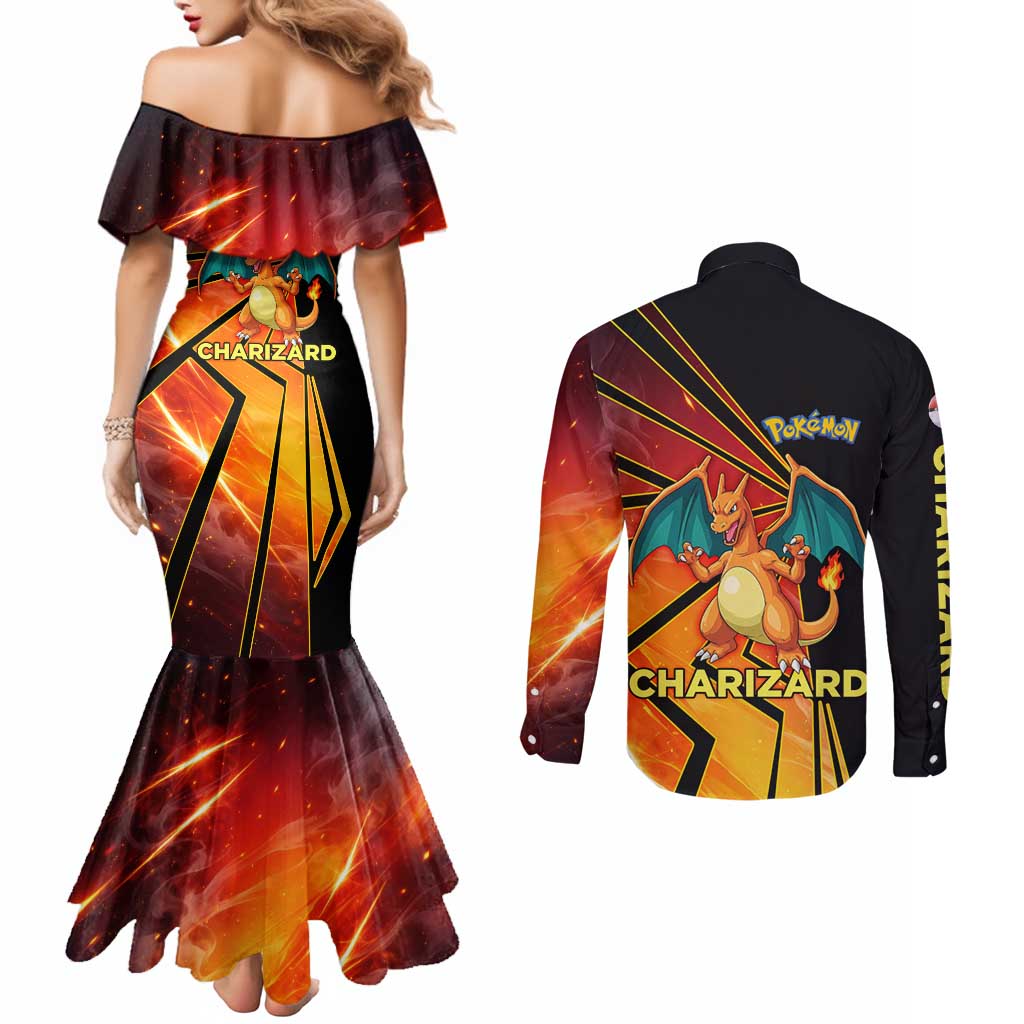 Charizard Poké Couples Matching Mermaid Dress and Long Sleeve Button Shirt Retro Comic Style Explosion