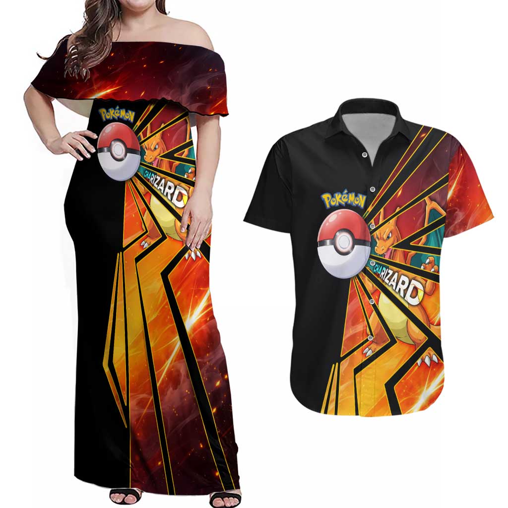 Charizard Poké Couples Matching Off Shoulder Maxi Dress and Hawaiian Shirt Retro Comic Style Explosion