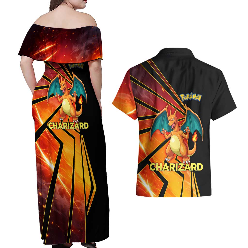 Charizard Poké Couples Matching Off Shoulder Maxi Dress and Hawaiian Shirt Retro Comic Style Explosion