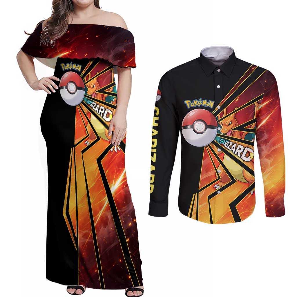 Charizard Poké Couples Matching Off Shoulder Maxi Dress and Long Sleeve Button Shirt Retro Comic Style Explosion