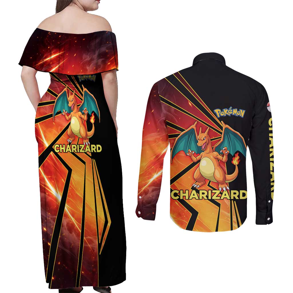 Charizard Poké Couples Matching Off Shoulder Maxi Dress and Long Sleeve Button Shirt Retro Comic Style Explosion