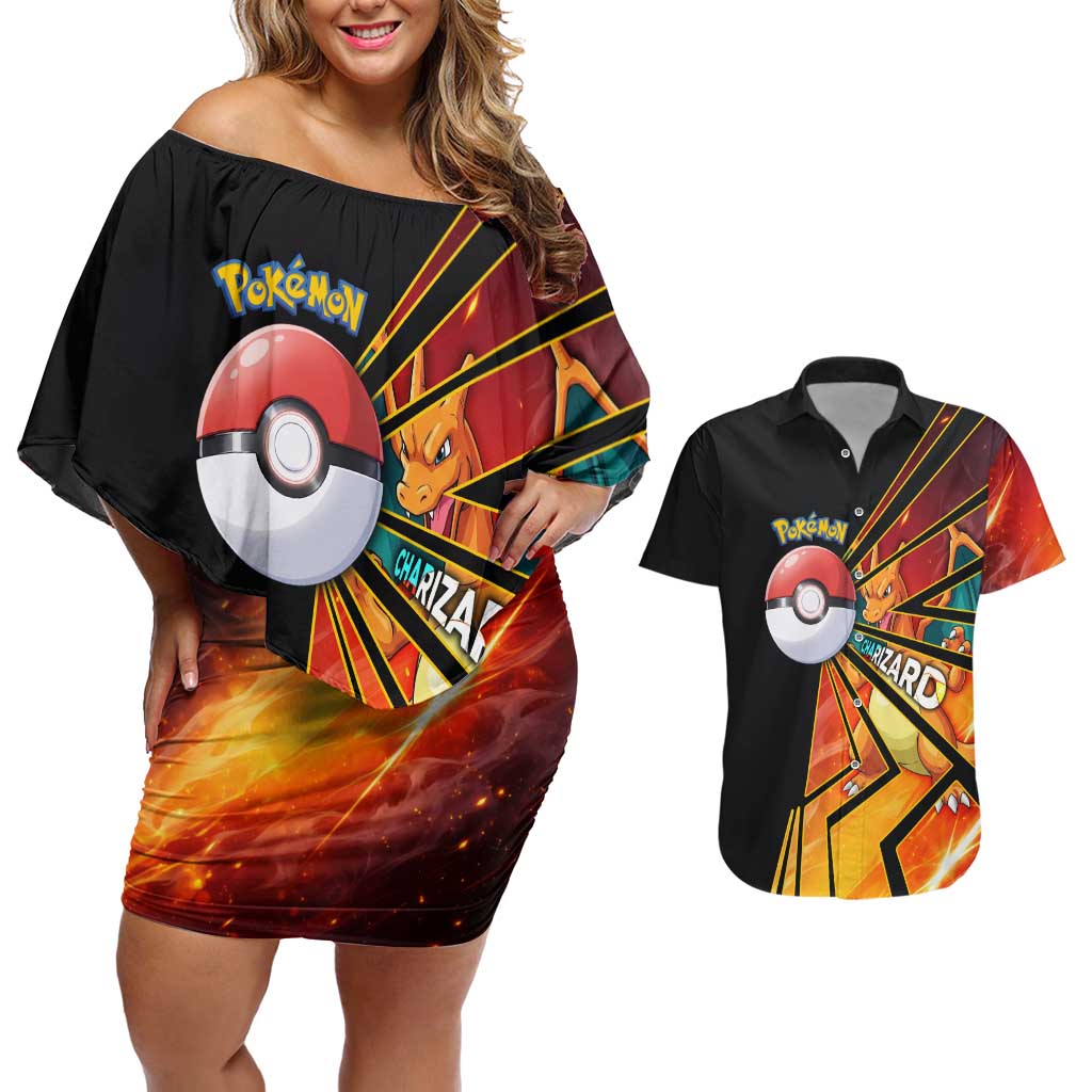 Charizard Poké Couples Matching Off Shoulder Short Dress and Hawaiian Shirt Retro Comic Style Explosion