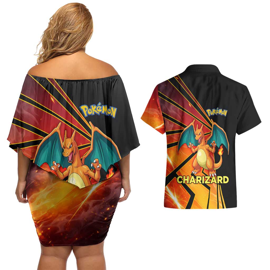 Charizard Poké Couples Matching Off Shoulder Short Dress and Hawaiian Shirt Retro Comic Style Explosion