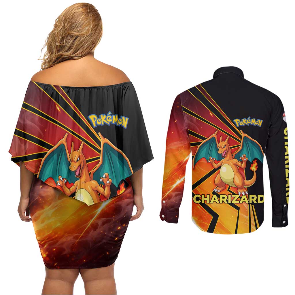 Charizard Poké Couples Matching Off Shoulder Short Dress and Long Sleeve Button Shirt Retro Comic Style Explosion