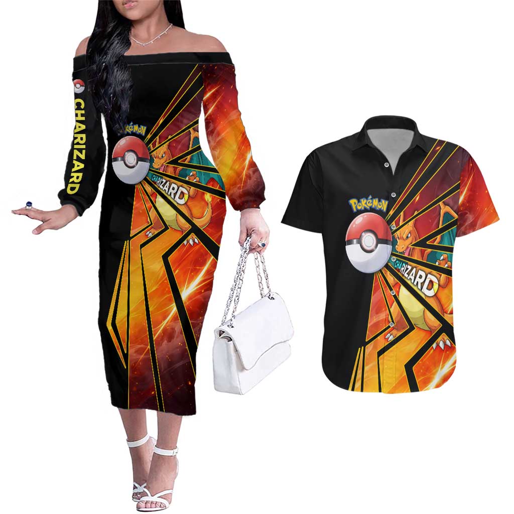 Charizard Poké Couples Matching Off The Shoulder Long Sleeve Dress and Hawaiian Shirt Retro Comic Style Explosion