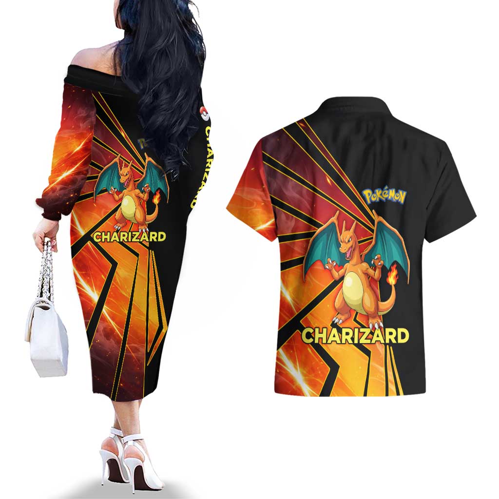 Charizard Poké Couples Matching Off The Shoulder Long Sleeve Dress and Hawaiian Shirt Retro Comic Style Explosion