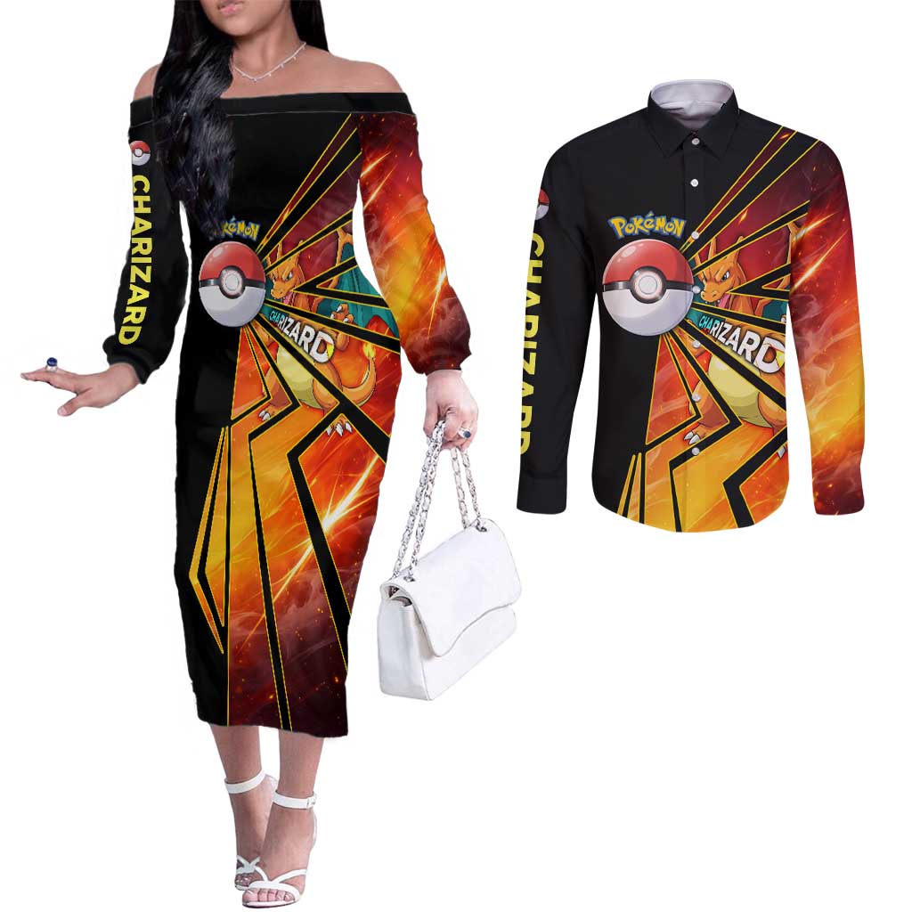 Charizard Poké Couples Matching Off The Shoulder Long Sleeve Dress and Long Sleeve Button Shirt Retro Comic Style Explosion