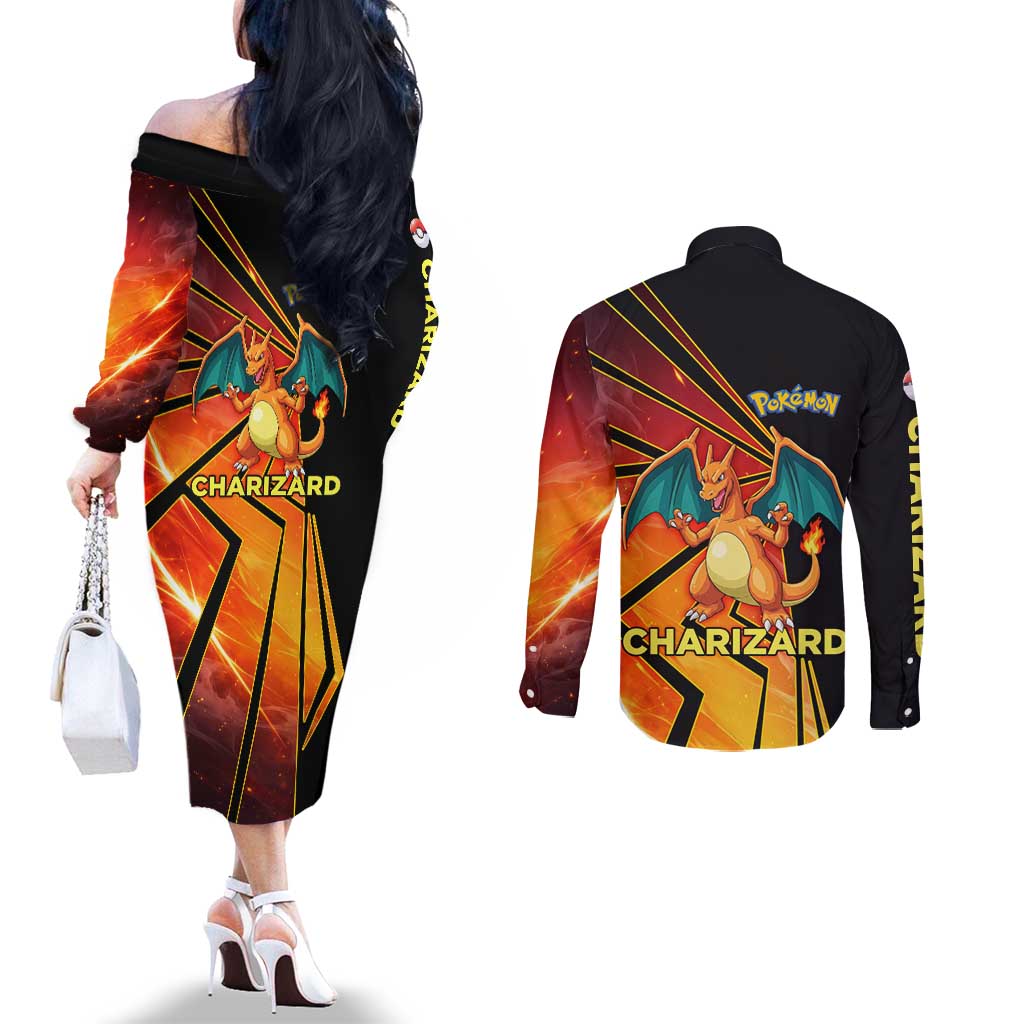 Charizard Poké Couples Matching Off The Shoulder Long Sleeve Dress and Long Sleeve Button Shirt Retro Comic Style Explosion