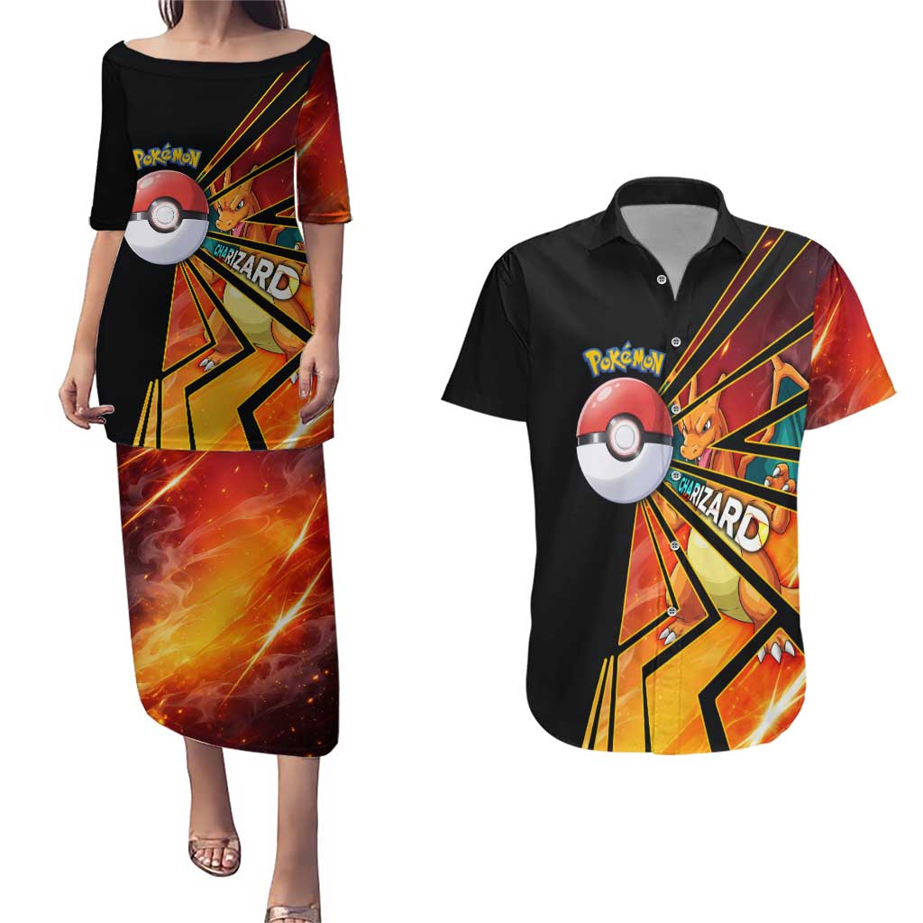 Charizard Poké Couples Matching Puletasi and Hawaiian Shirt Retro Comic Style Explosion