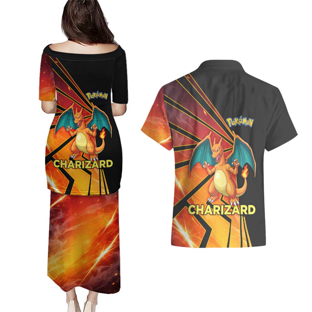 Charizard Poké Couples Matching Puletasi and Hawaiian Shirt Retro Comic Style Explosion