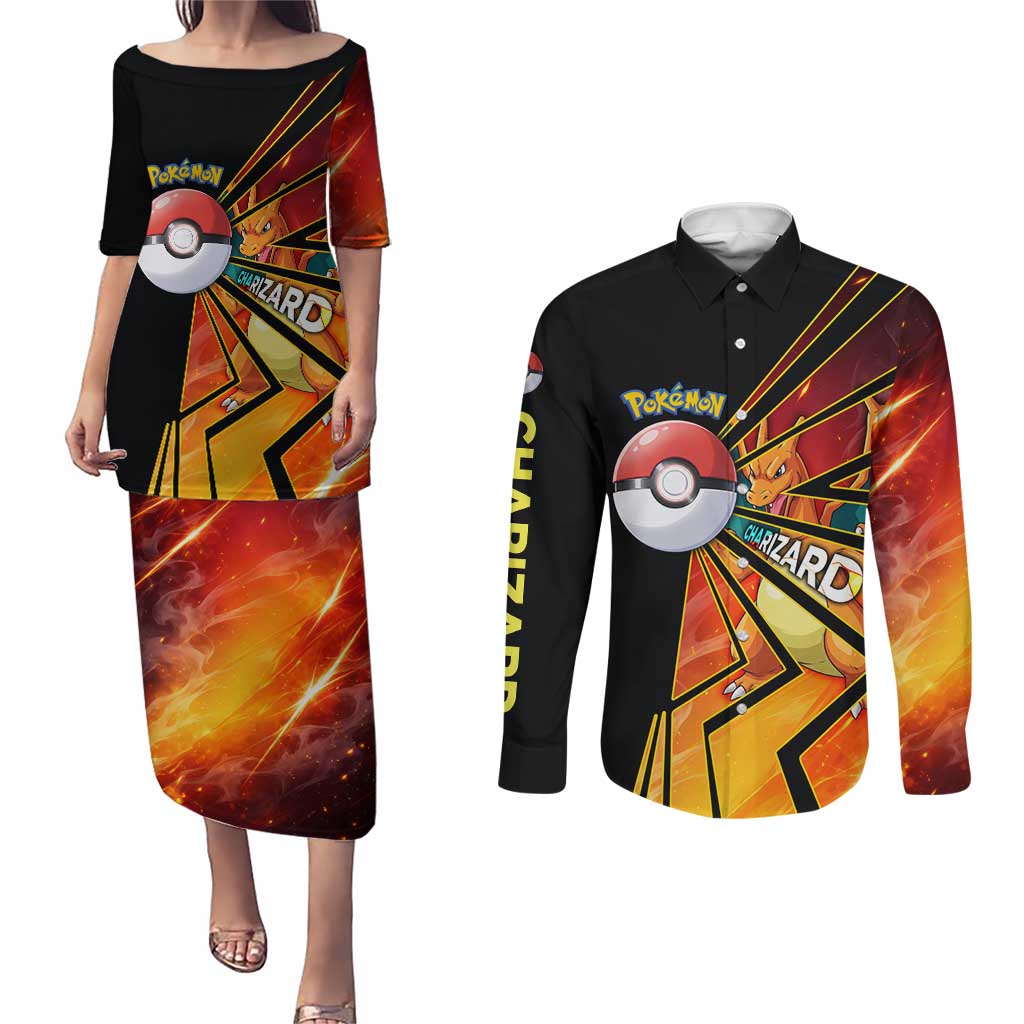Charizard Poké Couples Matching Puletasi and Long Sleeve Button Shirt Retro Comic Style Explosion