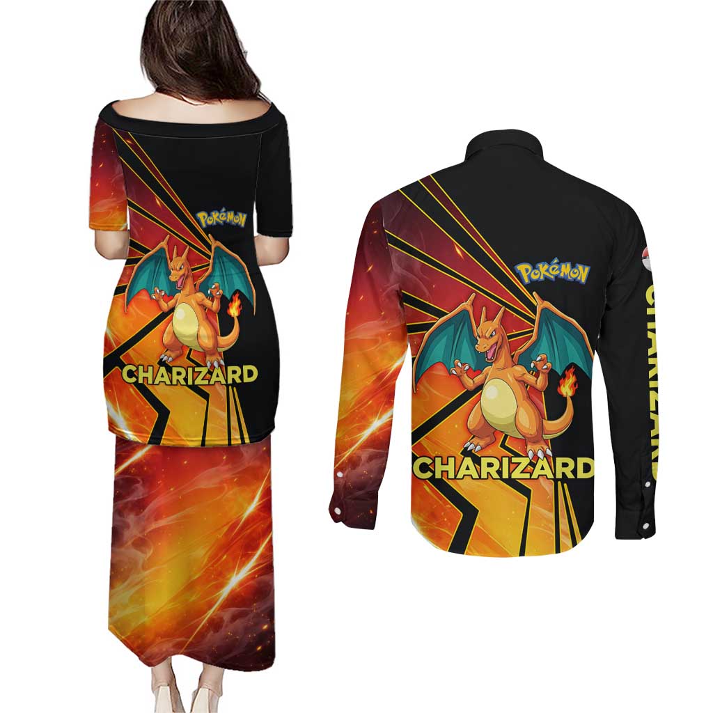 Charizard Poké Couples Matching Puletasi and Long Sleeve Button Shirt Retro Comic Style Explosion