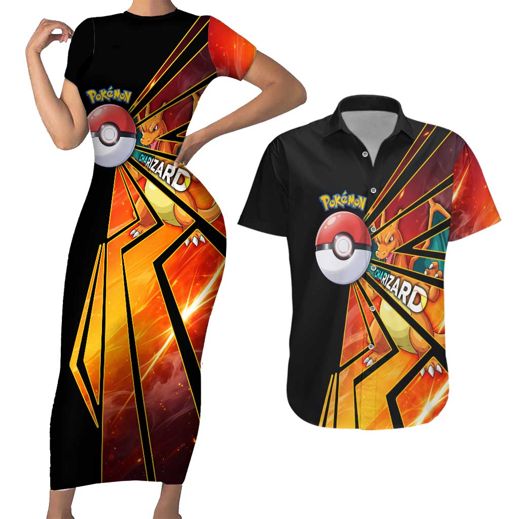 Charizard Poké Couples Matching Short Sleeve Bodycon Dress and Hawaiian Shirt Retro Comic Style Explosion