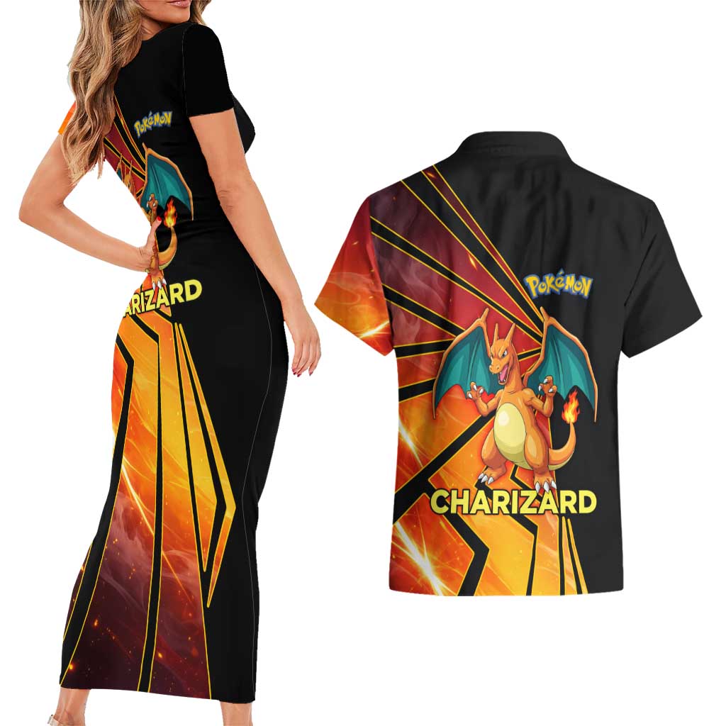 Charizard Poké Couples Matching Short Sleeve Bodycon Dress and Hawaiian Shirt Retro Comic Style Explosion