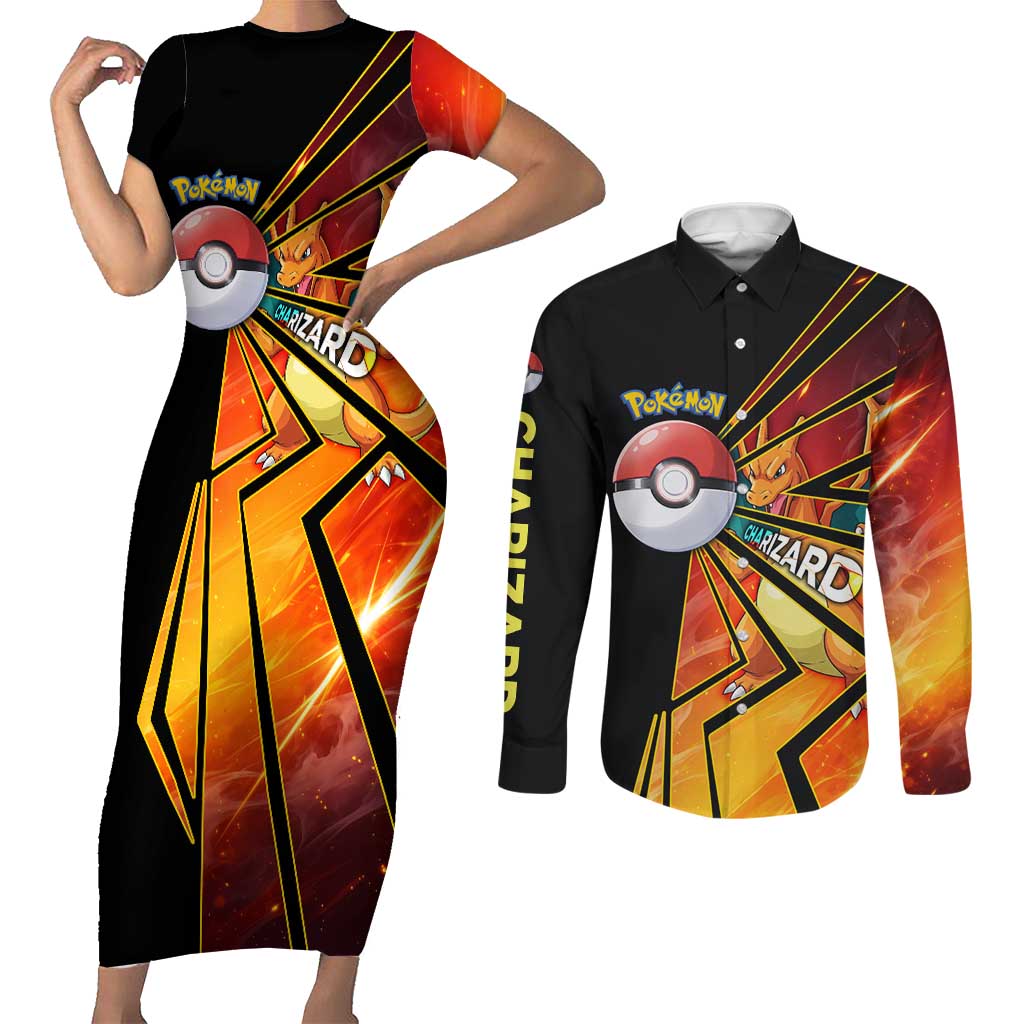 Charizard Poké Couples Matching Short Sleeve Bodycon Dress and Long Sleeve Button Shirt Retro Comic Style Explosion