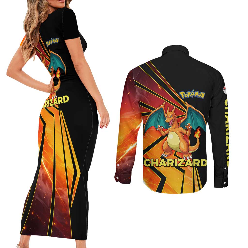 Charizard Poké Couples Matching Short Sleeve Bodycon Dress and Long Sleeve Button Shirt Retro Comic Style Explosion