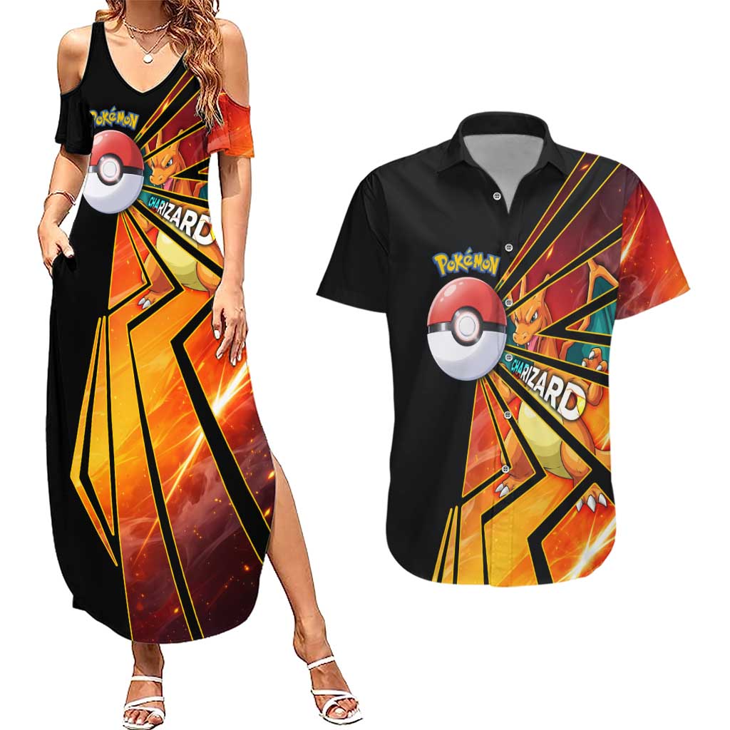 Charizard Poké Couples Matching Summer Maxi Dress and Hawaiian Shirt Retro Comic Style Explosion