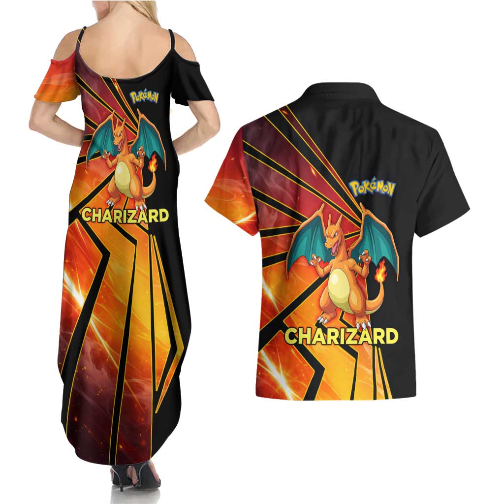 Charizard Poké Couples Matching Summer Maxi Dress and Hawaiian Shirt Retro Comic Style Explosion