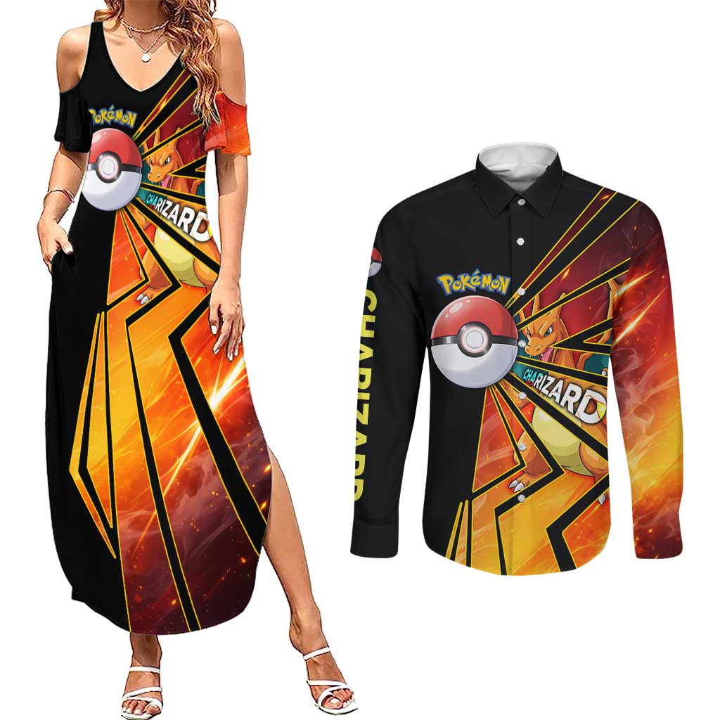 Charizard Poké Couples Matching Summer Maxi Dress and Long Sleeve Button Shirt Retro Comic Style Explosion